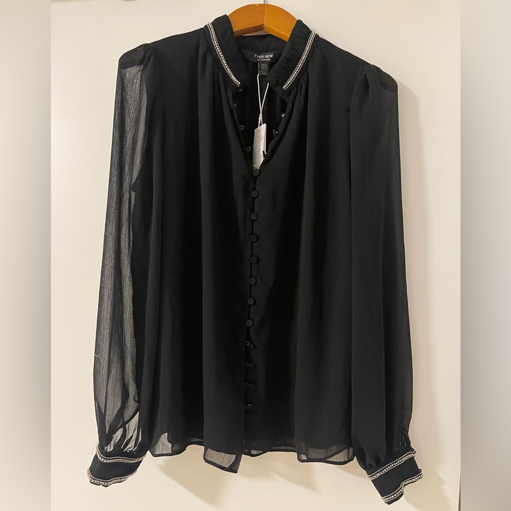 EverNew, Camille Embellished cuff Blouse, Size 2, Black